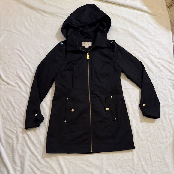 Michael Kors Black Hooded Rain Jacket with Gold Details - Picture 2 of 6